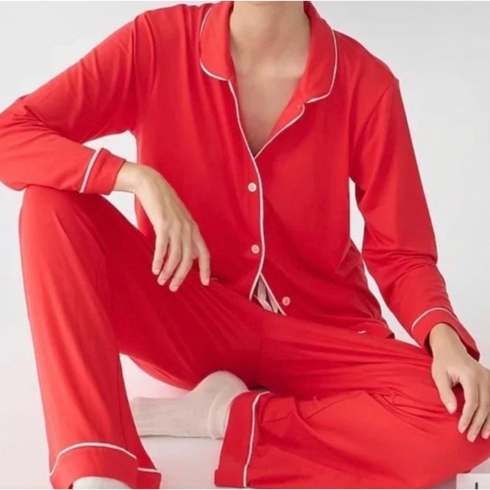 J.Crew Womens Red Long Sleeve Pajama Set White Piping XL Button Down Loungewear